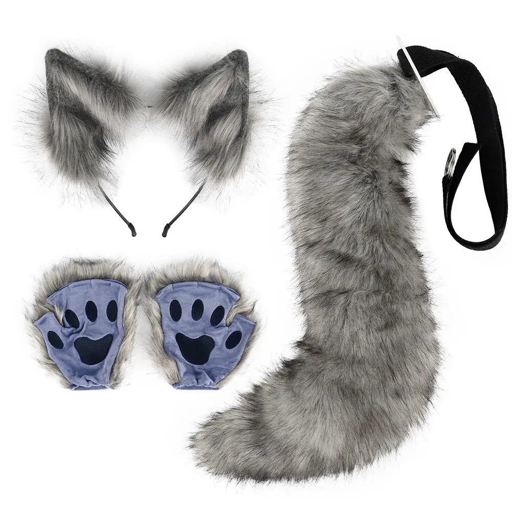 Hot Handmade Furry Animal Claw Gloves Set, Simulated Animal Ears KC Beast Tail Cos Wolf Tail Fox Tail Beast Suit