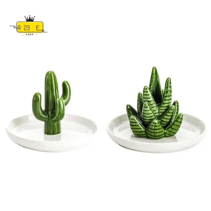 A23E-Set Of 2 Aloe And Cactus Ring Holder Dish, Plant Jewelry Dish Bracelet Earrings Necklace Organizer Tray