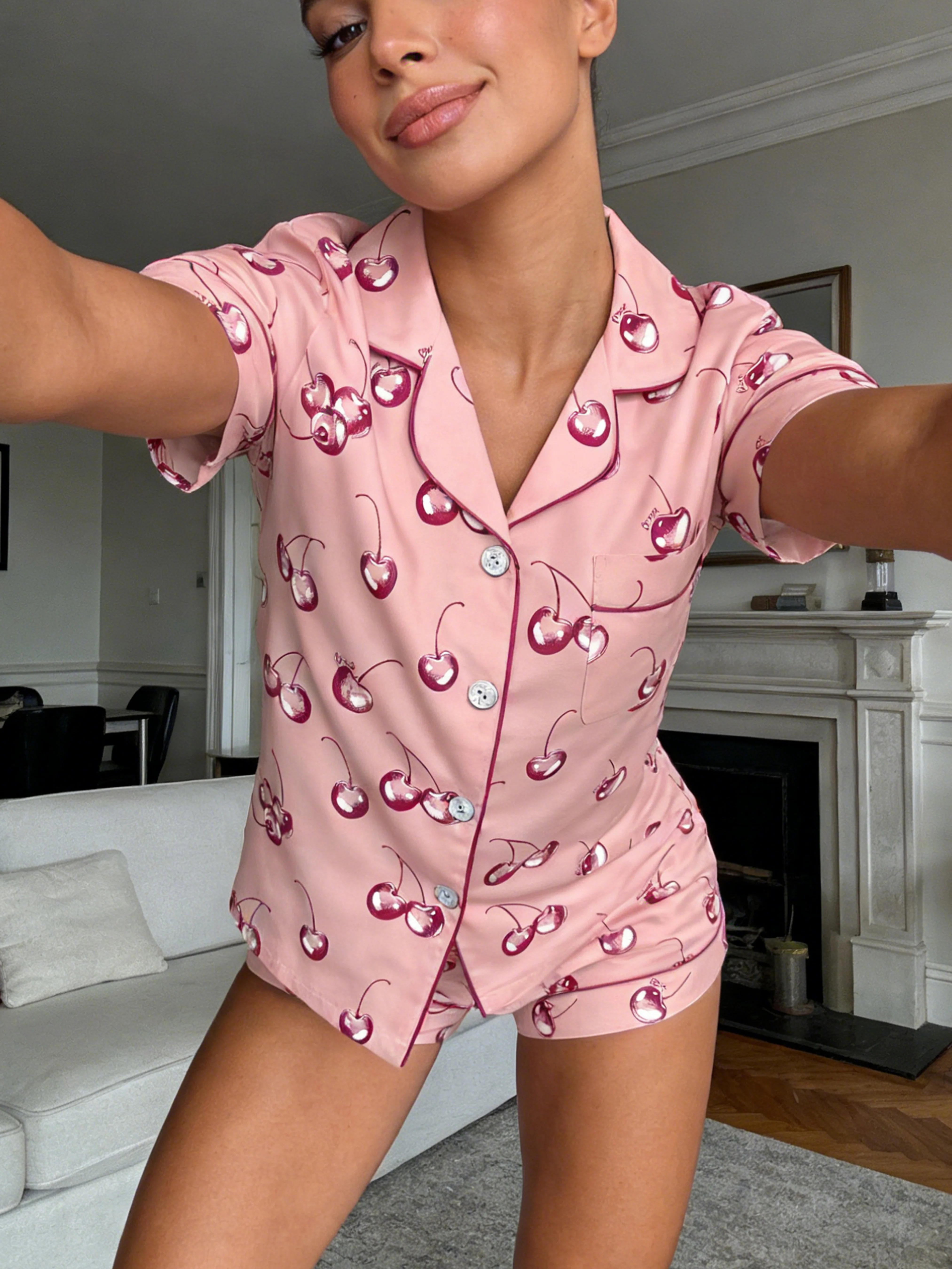 Women Pajamas Cardigan Lapel Short Sleeve Shorts Two Piece Set Loungewear Spring Summer Sweet Pink Cherry Print Loose Comfortabl