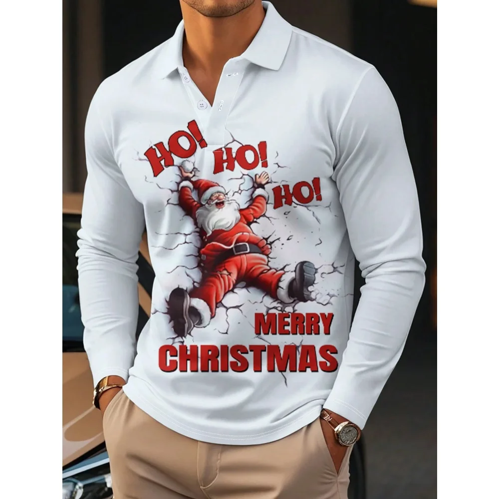 

Christmas Men's Polo Funny Santa Claus Print Spring Autumn Comfortable Lapel Button Design Men Long Sleeve T-Shirt Polo Shirts