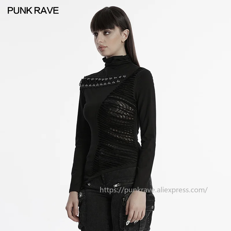 PUNK RAVE Women's Punk Decadent Burnt Knitted Mesh T-shirt Asymmetric One-piece Design Unique Cutting Metal Buckle Slim Top