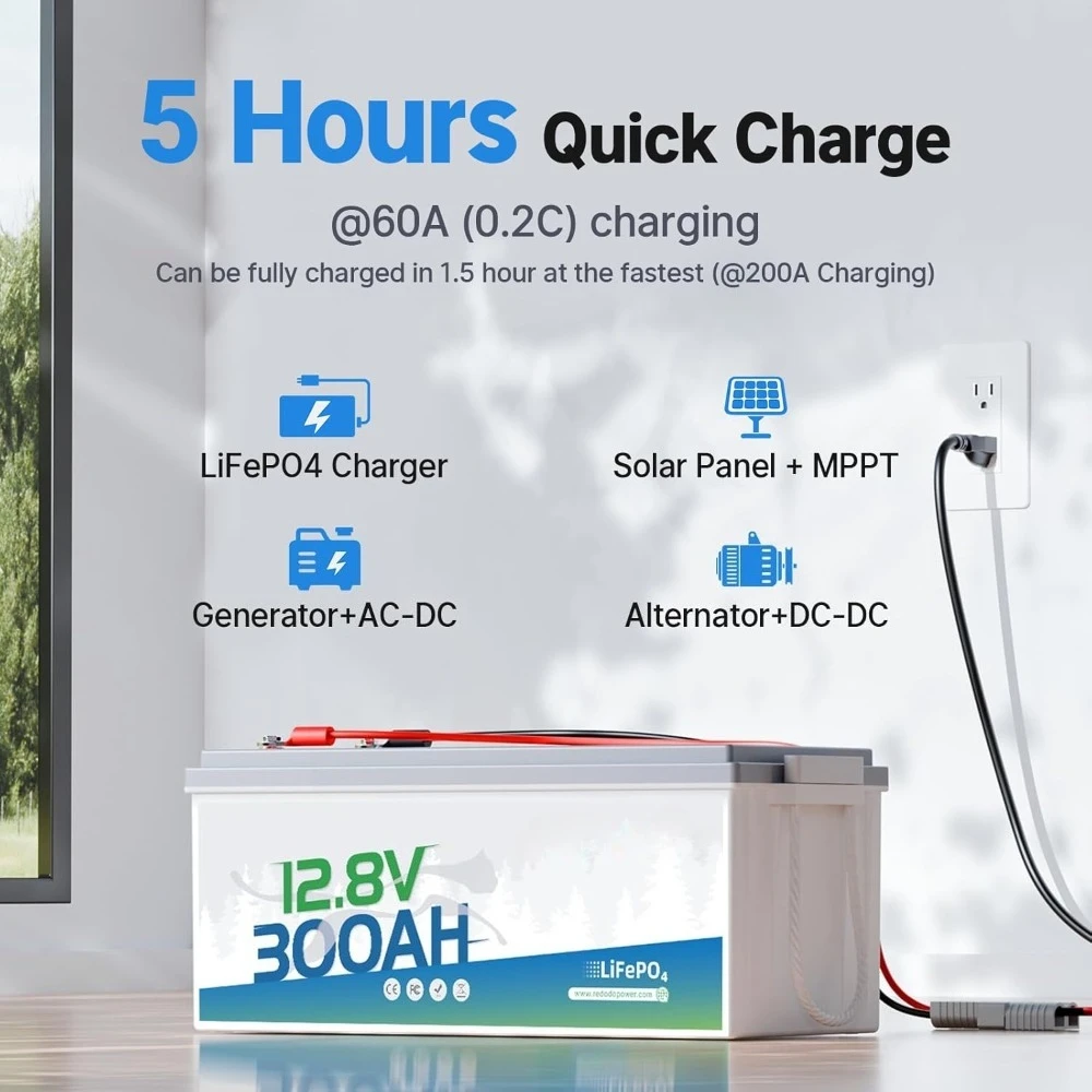 12V 300Ah LiFePO4 배터리, 3840Wh 리튬 배터리, 200A BMS, 10년 수명, 최대 15000회 딥 사이클, 백업 전원