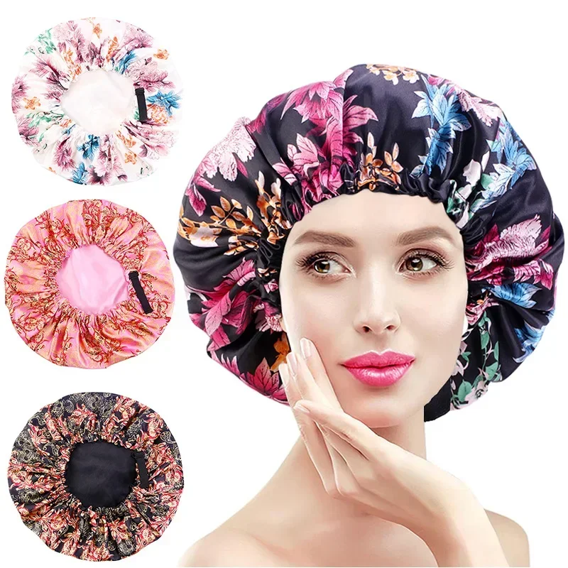 

Single-Layer Shower Cap Women Satin Bonnet Sleeping Hat Female Hair Protect Hat Confinement Cap Head Cover Bathroom Accessories