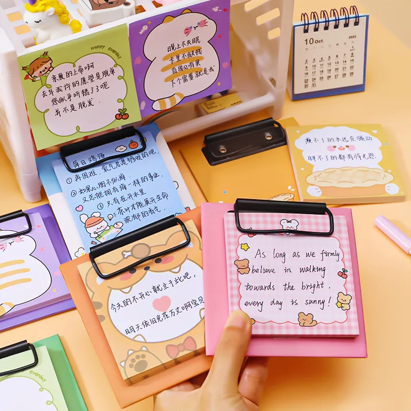 1pcs Cartoon Board Clip Sticky Note Book Student Ins Girl Memo Sticky Note Study Office Non-sticky Message Paper