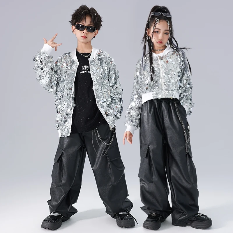 

2024 New Group Kpop Outfit Sequins Coat Pants Girls Jazz Dance Costume Kids Hip Hop Clothing Children'S Street Wear DW10382