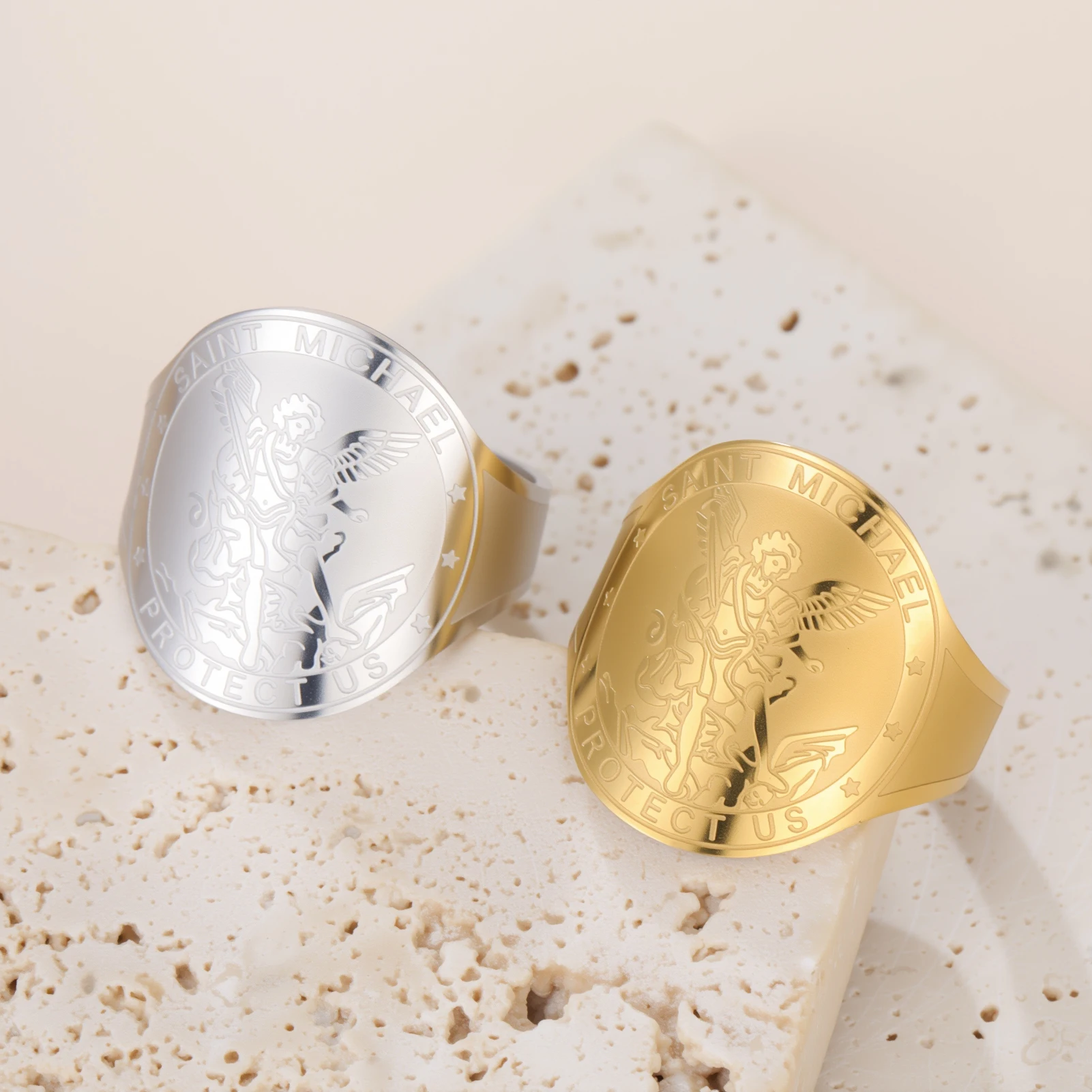 COOLTIME SAINT MICHAEL Stainless Steel Open Ring Vintage Religion Amulet Protect Ring Christian Anniversary Jewelry Gift