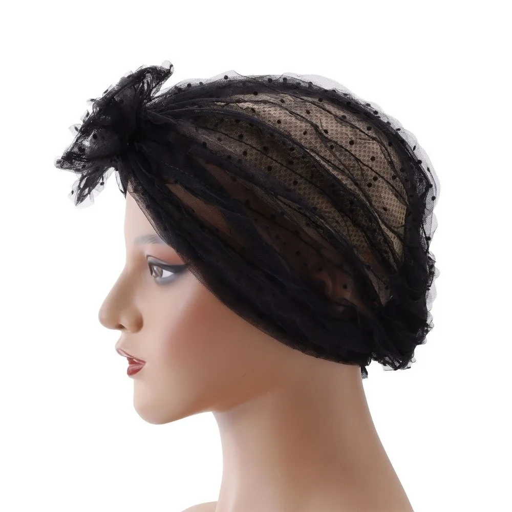 New Breathable Polka Dot Mesh Bonnet Folded Design Retro Style Wrinkle Lace Turban Wrinkle Lace Chic Design Sleep Cap for Women