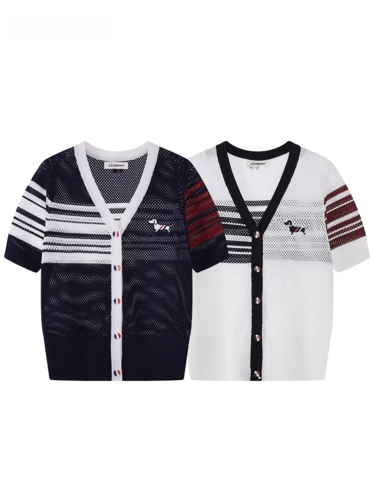

JZZDEMM Hollow out Stripe Dog Embroidery Thin Knitted ort Sve Open Cardigan Women's Summer Faion Slim Fit V-Ne Butto...