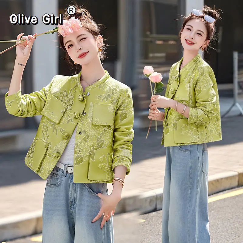 

Women's Coat Jacket 2026 Spring Autumn Pink Printed New Chinese Style Vintage Short Top Big Pocket