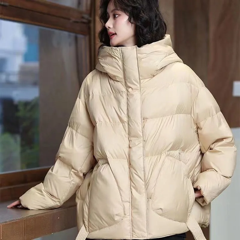 Short Down Jacket for Women, Warm Hooded Coats, Thick and Loose Outerwear, Monochrome, Casual and Fashionable, Winter