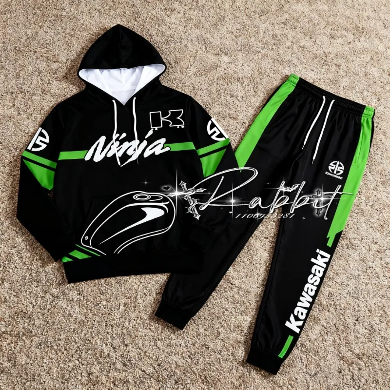 

2026 New Retro Kawasaki Motorcycle Cycling Set Men's MOTO Racing Enthusiast Warm Hoodie Sports Motorcycle Pants Two Piece Set