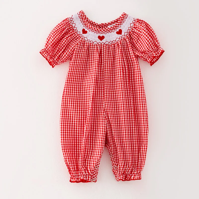 Girlymax Sibling Valentine's Day Baby Girls Red White Plaid Gingham Love Heart Smocked Romper Kids Clothes