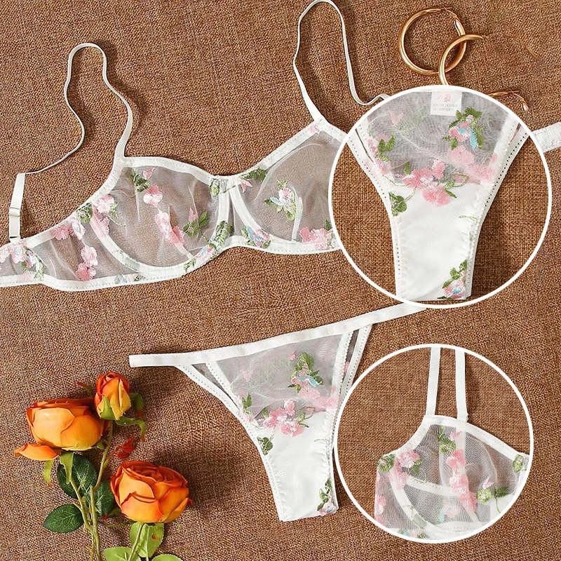 Girl\'s Sweet Bra Set Mesh Transparent Embroidered Flower Underwear Underwear Sexy and Comfortable Underwear Set