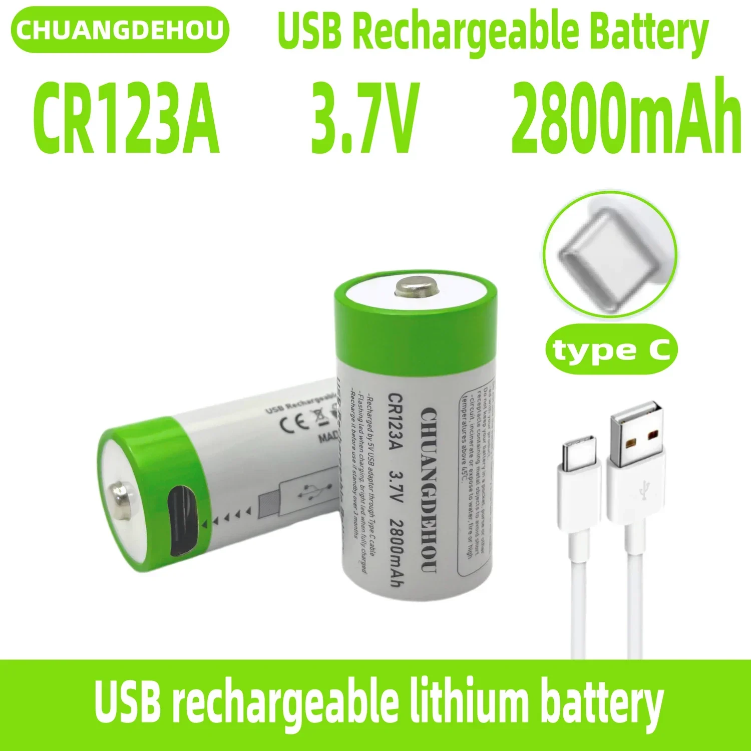 USB Bateria Recarregável de Lítio-ion, Lanterna LED, Bateria de Viagem, Cabo Tipo-C, Carregamento Rápido, CR123A, 2800mAh, 16340, CR123