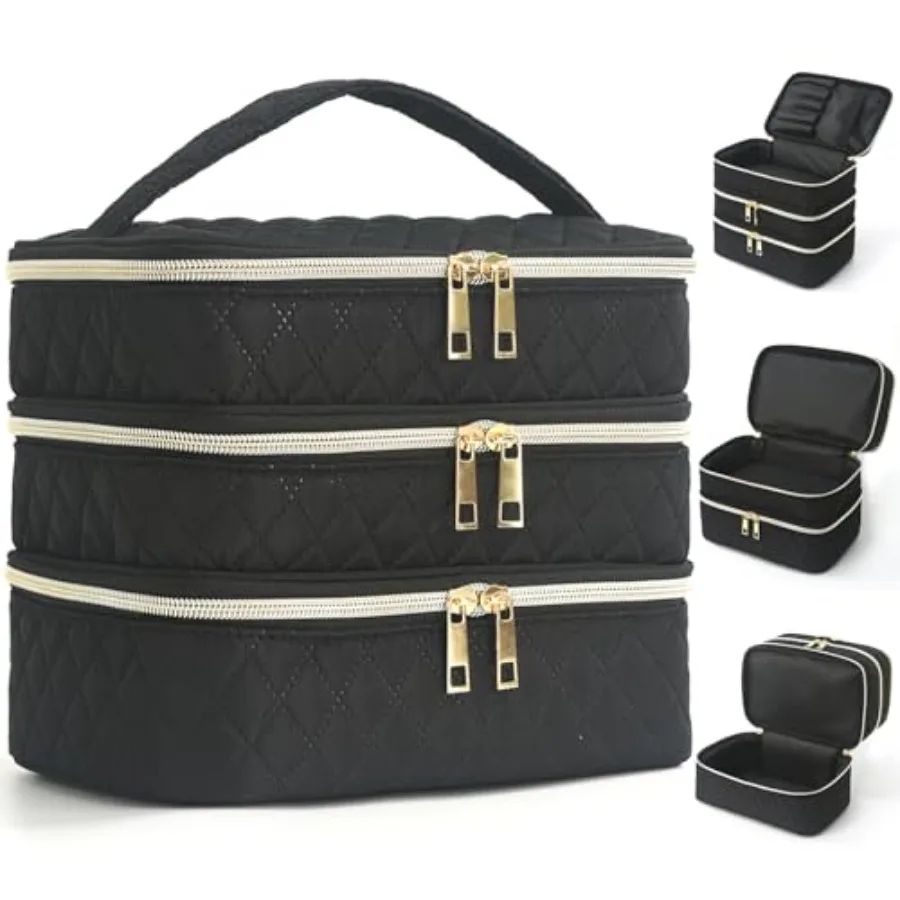 

Travel Makeup Bag for Women Three Layer Large Cosmetic Case Water-resistant Toiletry Bag Organizer for Store Toiletries Cosmeti