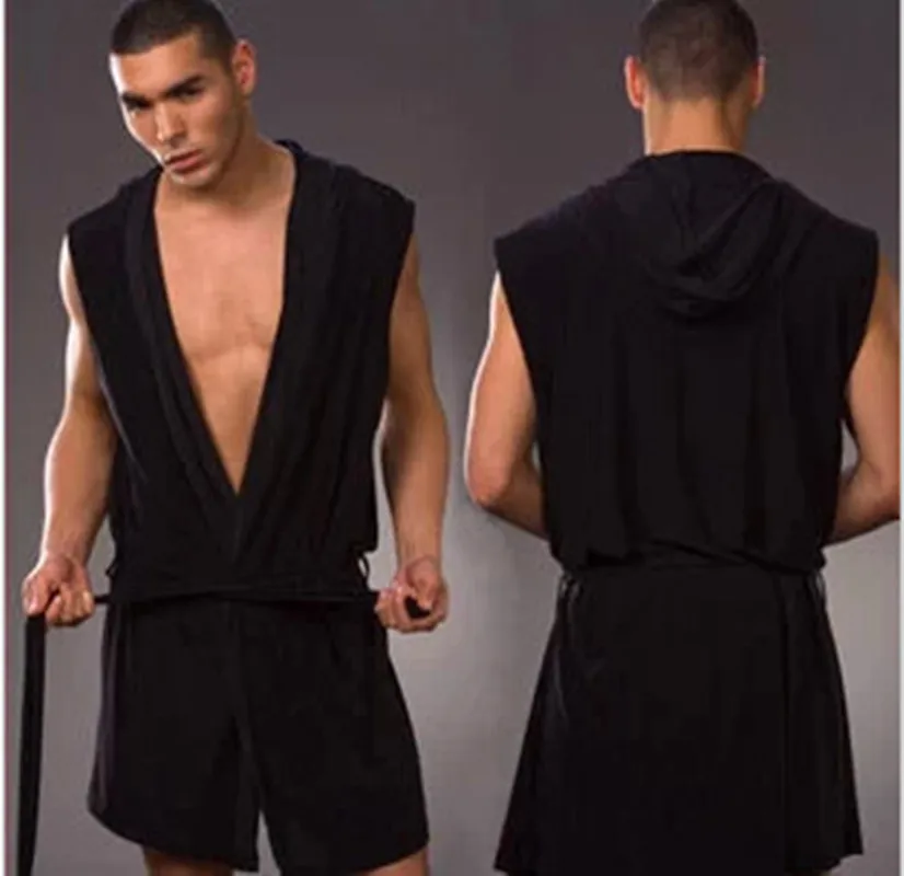 Men's bathrobe, cool and silky, men's hooded sleeveless bathrobe, thin style, does not include underwear