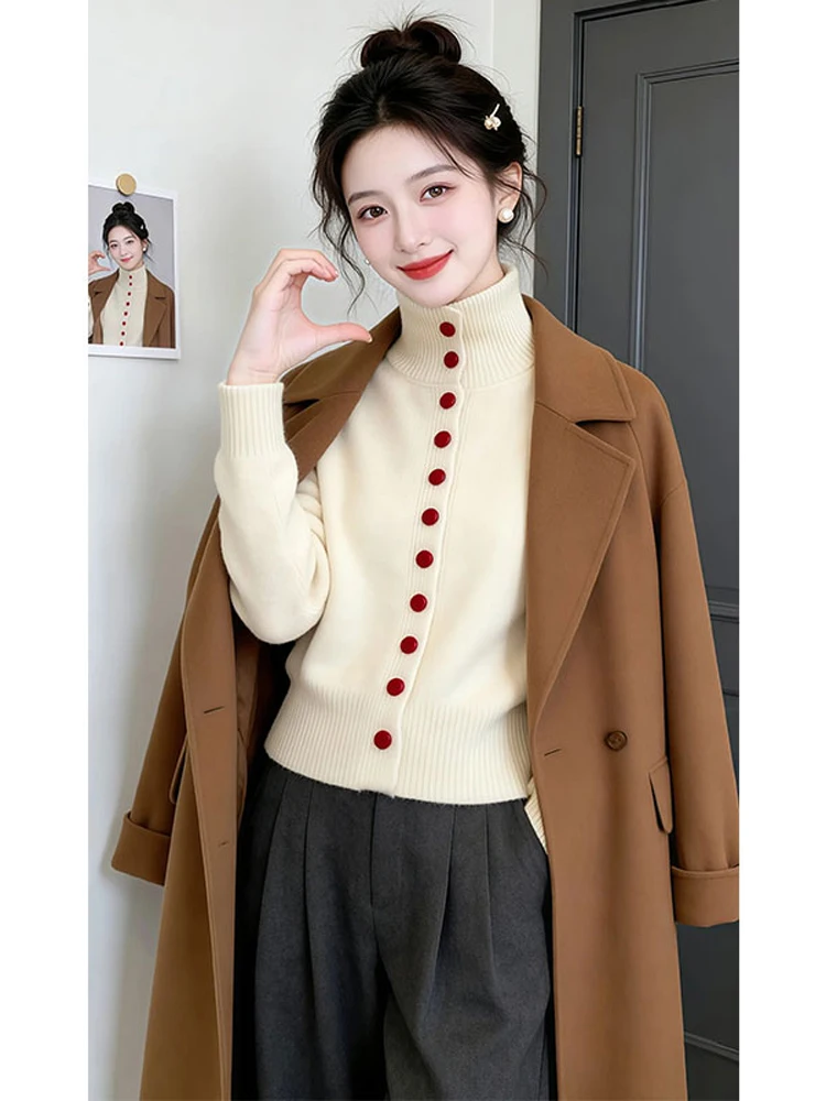 Korean Style High Neck Color Block Button Soft Knitted Open Cardigan Women's Winter New Advanced Feeling Sweater Coat Casual ...