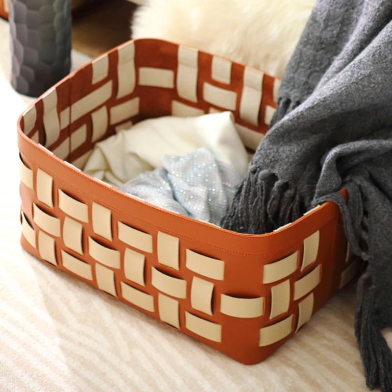 Nordic Modern and Simple Leather Hand-woven Storage Basket High Sense French Light Luxury Bedroom Dirty Basket Home Organization