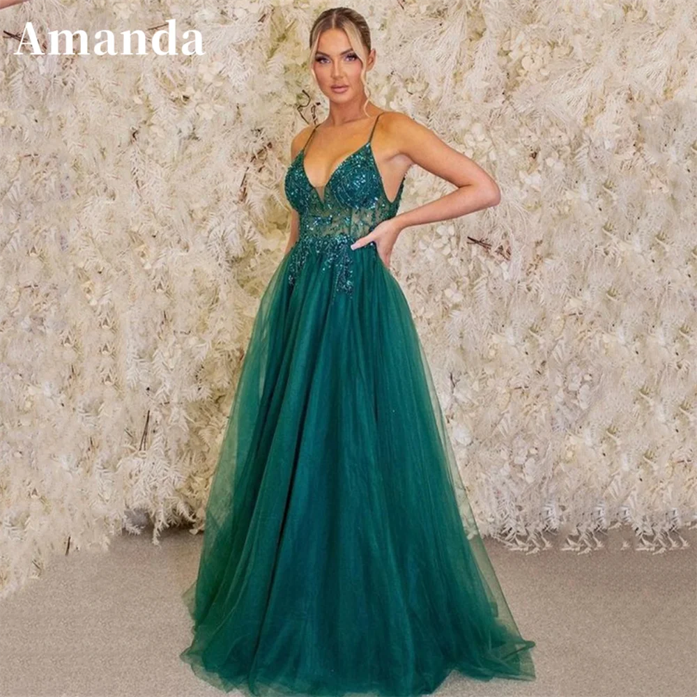 Amanda-vestido De fiesta elegante verde oscuro, tirantes finos con lentejuelas y traje De Noche, tul sin mangas, 2023