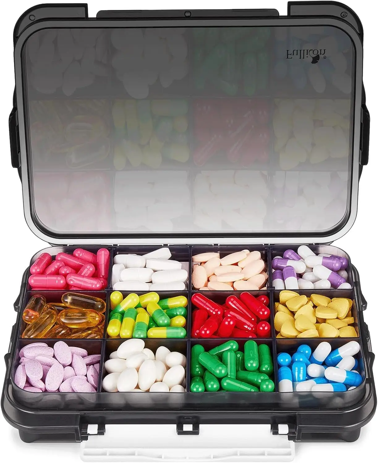 

Large Pill Organizer with 12 Compartments, Moisture-Proof Travel Case with 3 Buckles, Removable Dividers for Vitamins, Black