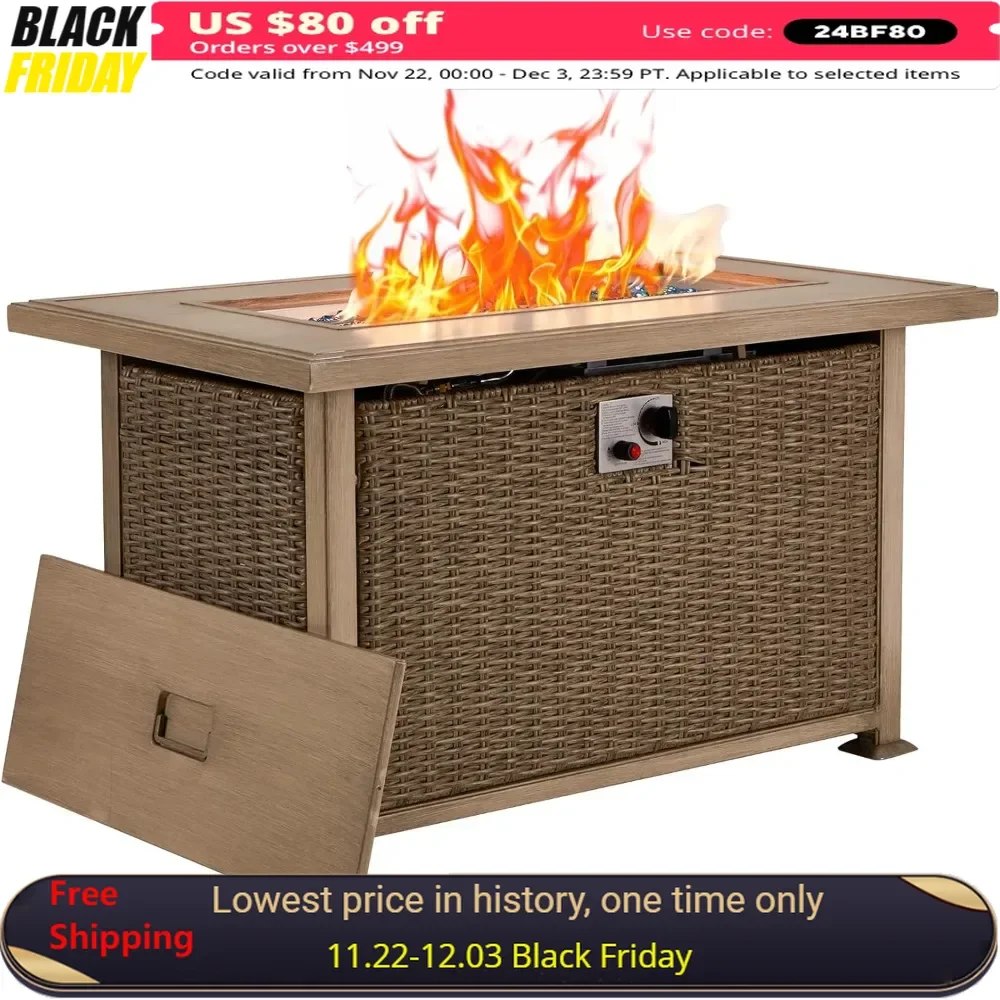 

Outdoor Fire Pit Table, 44in Propane Gas Fire Pit Table, 50,000 BTU Auto-Ignition Rectangle Firepit With Lid, Flat Tabletop & Gl