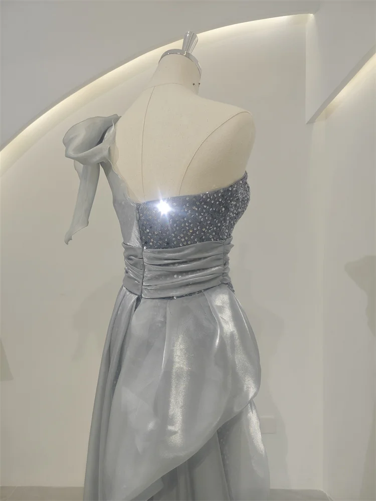 Prom Dresses For Bridesmaid Sleeveless Bow Dot Silver Grey Evening Dresses Party Girls Dresses For Formal Occasions