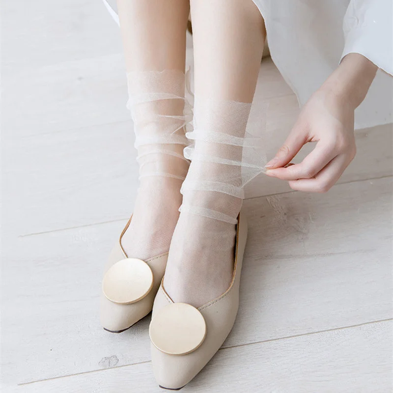 New Solid Color Mesh Crew Socks Breathable Summer Ultra-thin Loose Long Socks Sexy See Through Transparent Harajuku Woman Socks