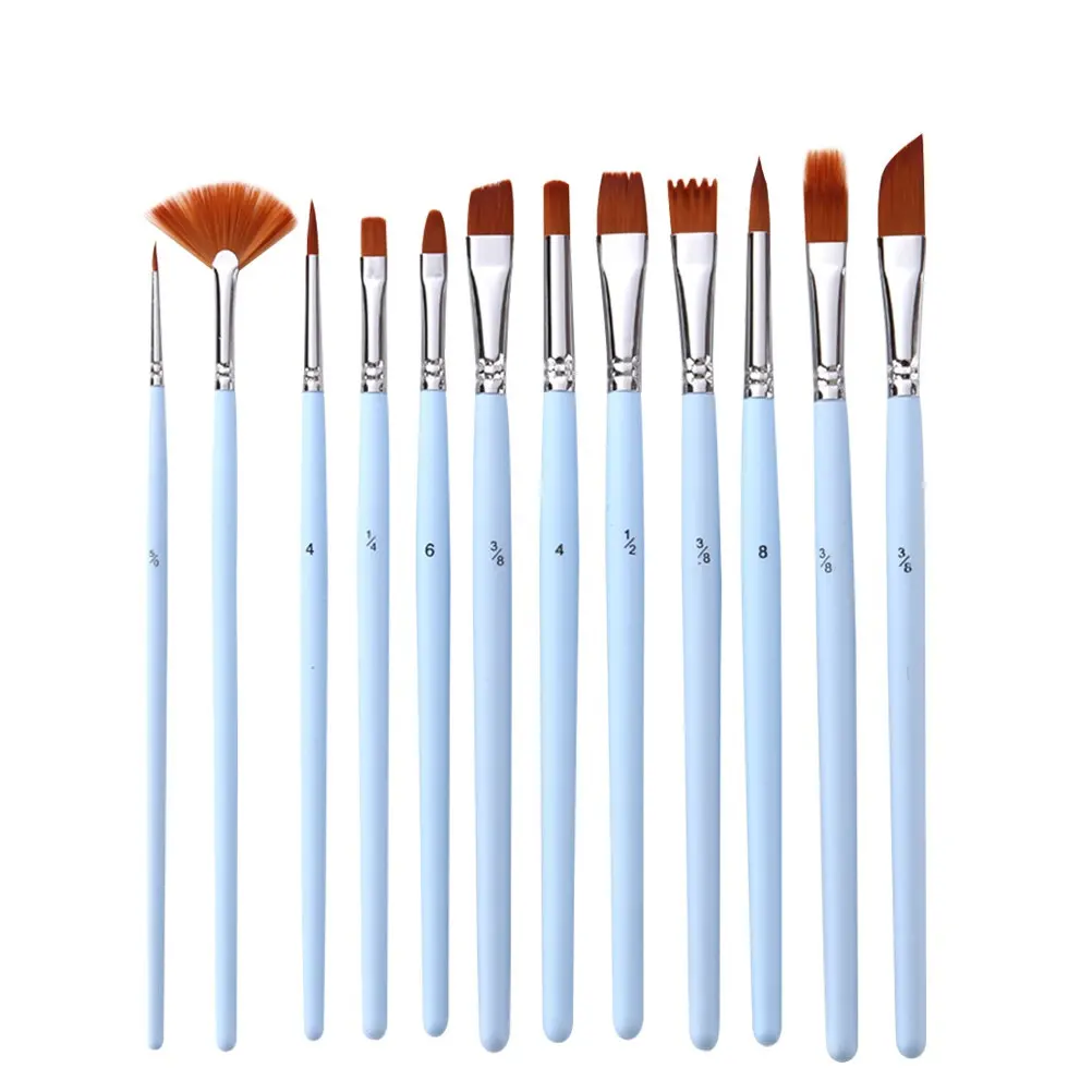 

12Pcs Painting Brush Nylon Bristle Durable Wood Handle Suitable for Watercolor Oil Gouache Painting Beginners Set