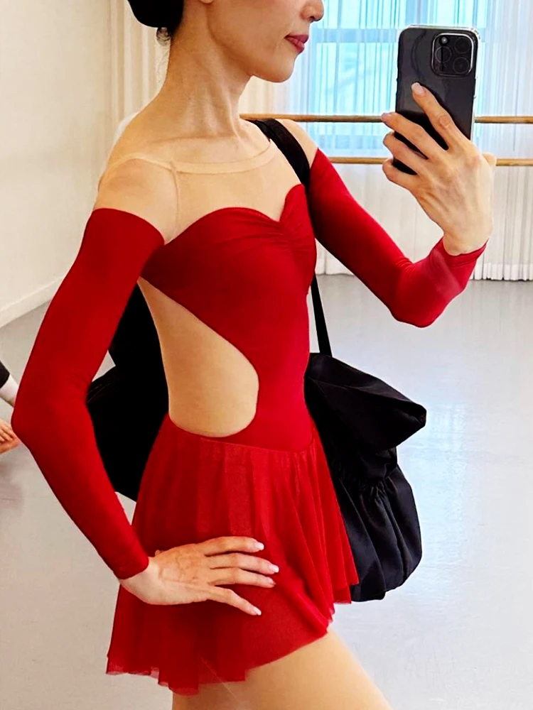 Nowy stylowy strój do ćwiczeń baletowych dla dorosłych z długimi rękawami, damski strój do ćwiczeń figurowych, jednoczęściowy strój do jogi powietrznej