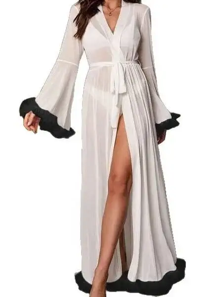 New Pajamas Ladies Summer Sexy Lace Semi-Transparent Robe Home V Neck Long Sleeved Dress Elegant Casaul For Woman Wear JRB3