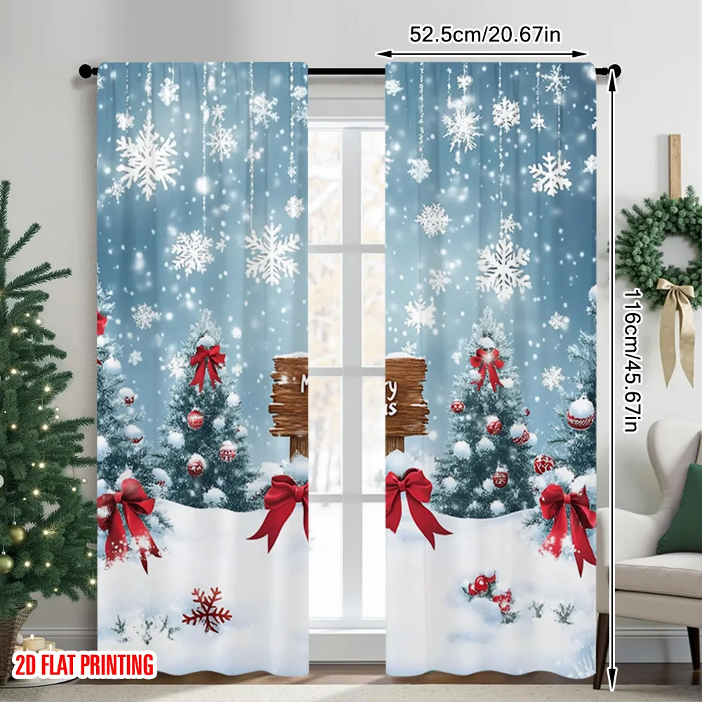 2pcs 2D flat printing Merry Christmas Party Curtains Christmas snow forest scene Durable Polyester Without Electricity Party