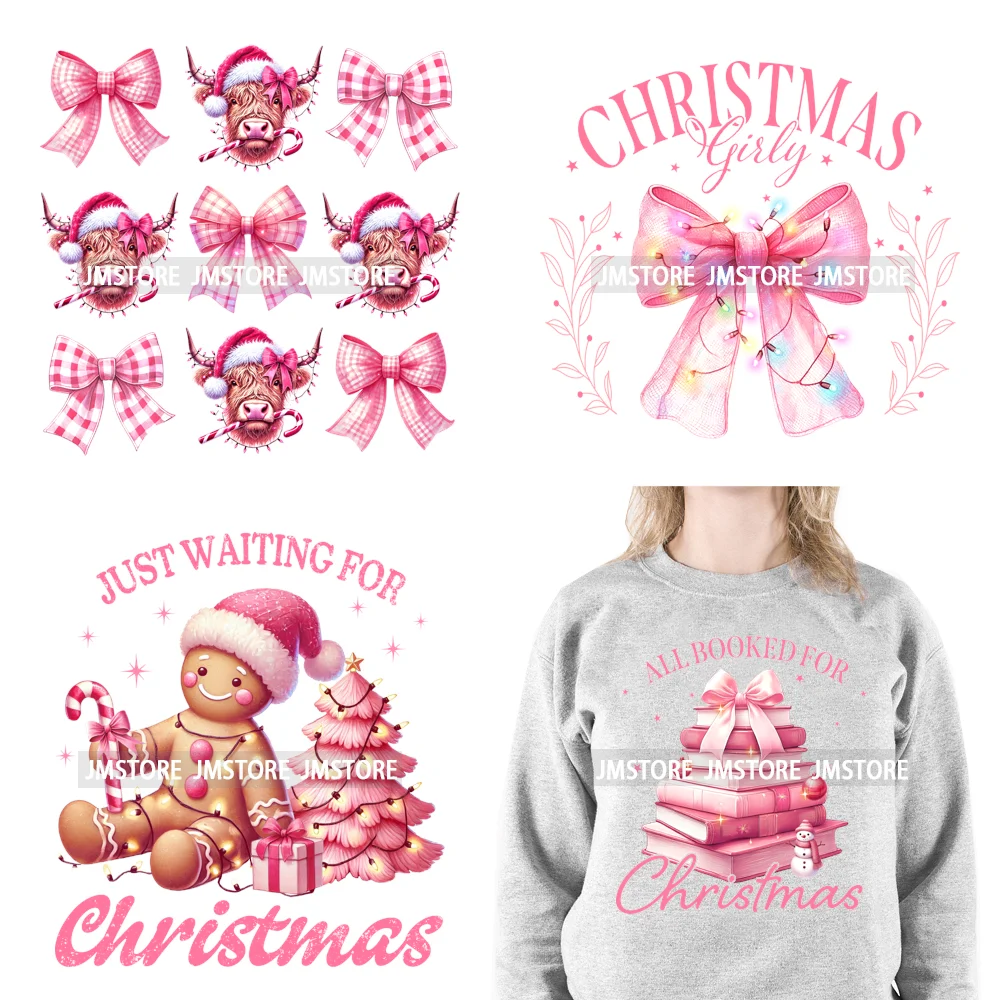 Coquette Pink Girly Christmas Vibes Book Just Waiting For Christmas Iron On DTF Transfer Stickers Ready To Press For Hoodies Bag