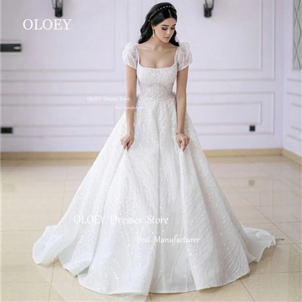 OLOEY Exquisite Glitter Beading Lace Wedding Dresses Square Collar Short Sleeves Bridal Gowns 2024 Vestido De Noiva Custom Made