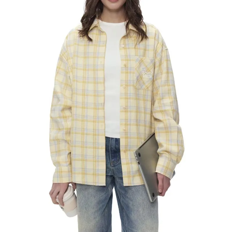 Korean Style Spring Autumn Women Yellow Plaid Shirt Y2K Streetwear Checkered Blouse Casual Sun Protection Outerwear Female Tops