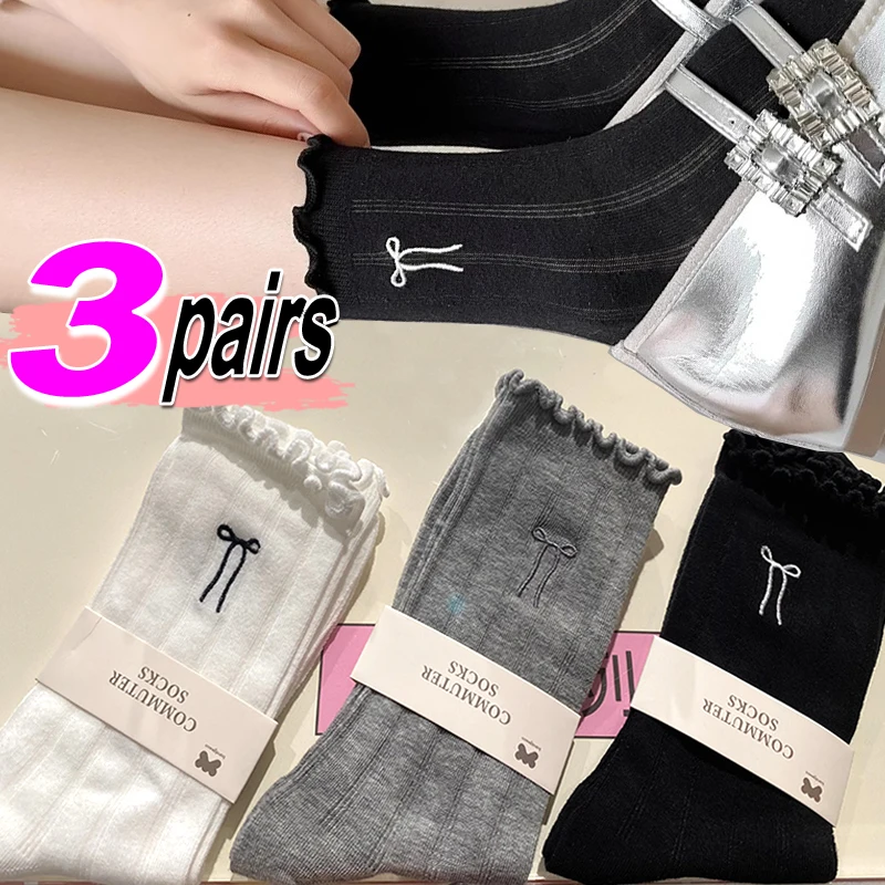 

1/3pairs Y2K Sweet Girls' Socks Women Lace Kawaii Bow Sockings Casual Crew Loose Socks Streetwears Summer Thin Mid-tube Sockings