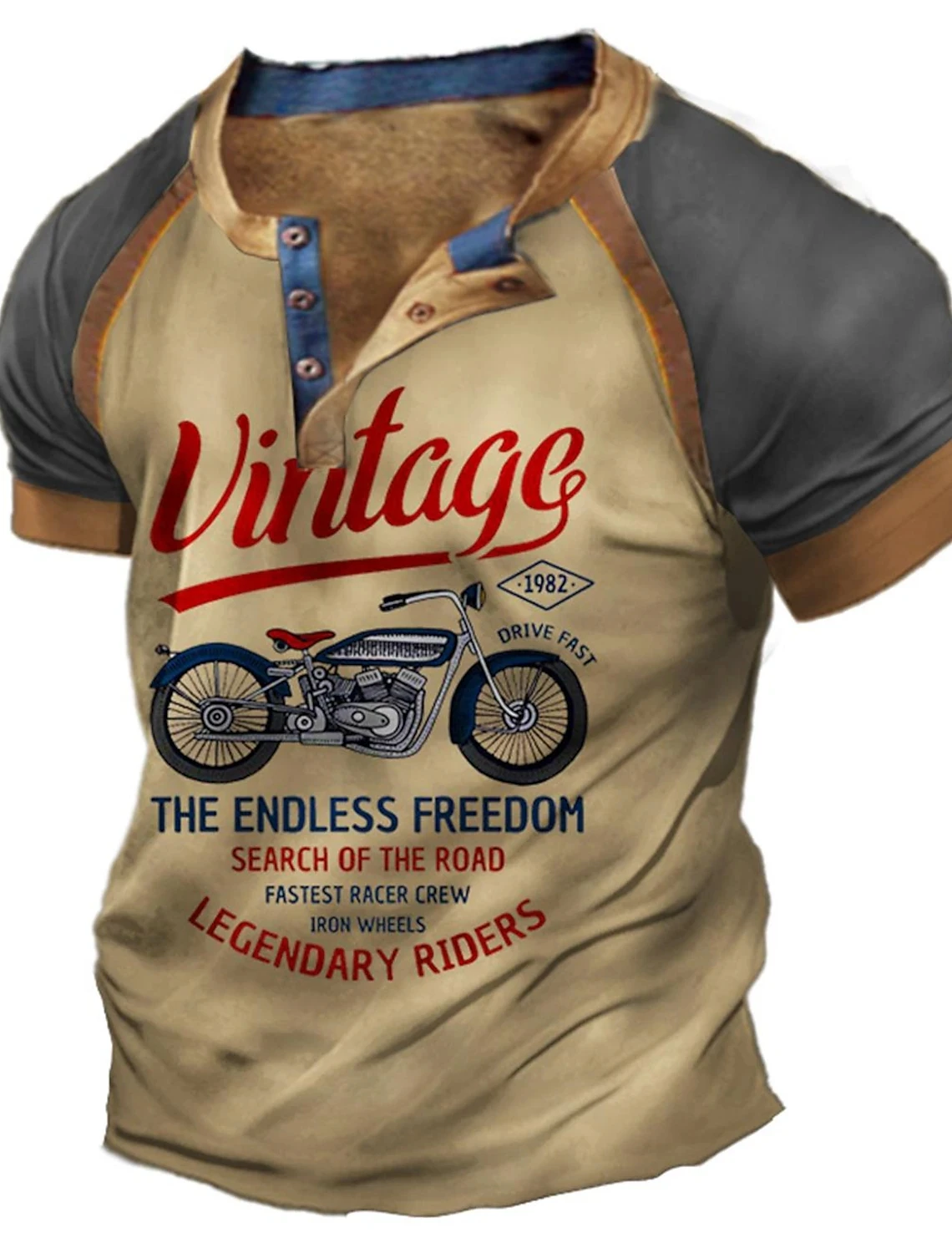Men's Retro Biker Print T Shirt Summer V Neck Button Short Sleeve Top Waffle Men's Large Size Outdoor Street Short Sleeve