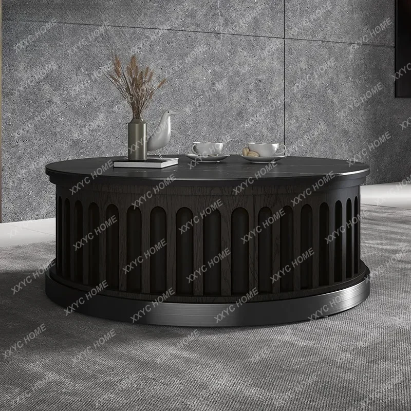 XXJianhao new Chinese round coffee table light luxury modern living room home solid wood villa tea table black rock slab