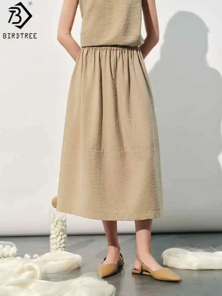 Birdtree, 80% Silk 20% Nylon Skirt, Elastic Waist, Women Straight Loose Solid Skirts, Commuting Style, 2026 Spring New D63711JF