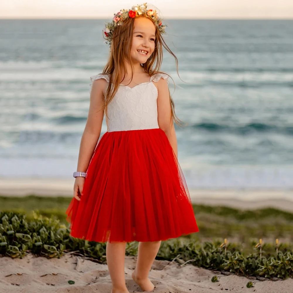 Vestido de tul de flores para niña, vestido de fiesta de cumpleaños con apliques de encaje, manga de mariposa, sencillo hasta la rodilla, vestido de fiesta para desfile de belleza