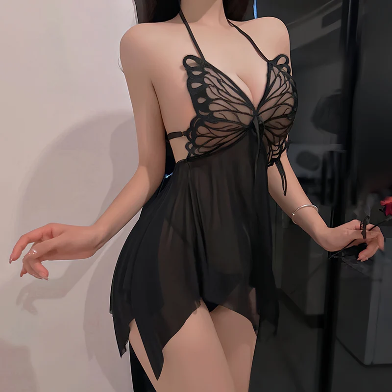 Sexy Cosplay Women Sexy Lingerie Lace Butterfly Sleeveless Transparent Porn Costumes Babydoll Nightdress Temptation Sleepwears