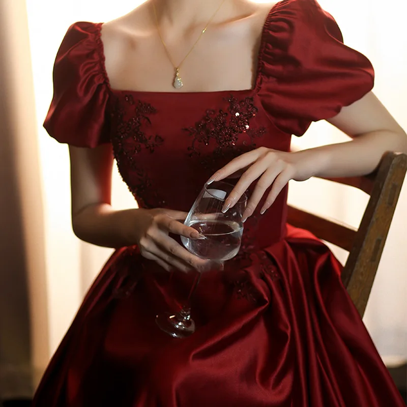 It's Yiiya Evening Dress Burgundy Satin Beads Appliques Square Collar Short Sleeves Floor-length Plus size Party Formal Gowns