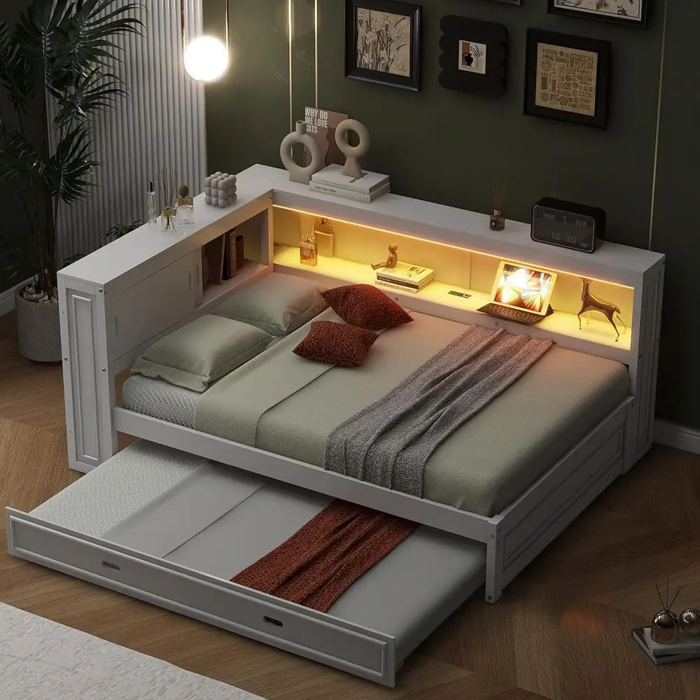 

L-Shaped Daybed with Trundle, Storage, Bookcase, LED Lights & USB Ports, White