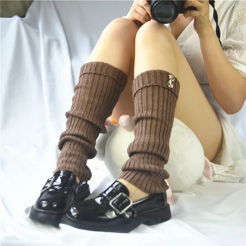 Women's Warm Knitted Leg Warmers Korean  Style Lolita Long Socks Autumn Winter Metal Buttons Mid-Calf Foot Socks Leggings