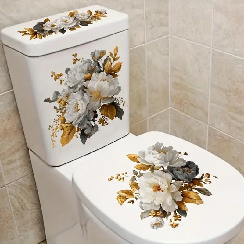 【F】Floral Toilet Sticker Waterproof Bathroom Wall Sticker Toilet Lid Sticker Self-Adhesive Removable Decals Home Decor