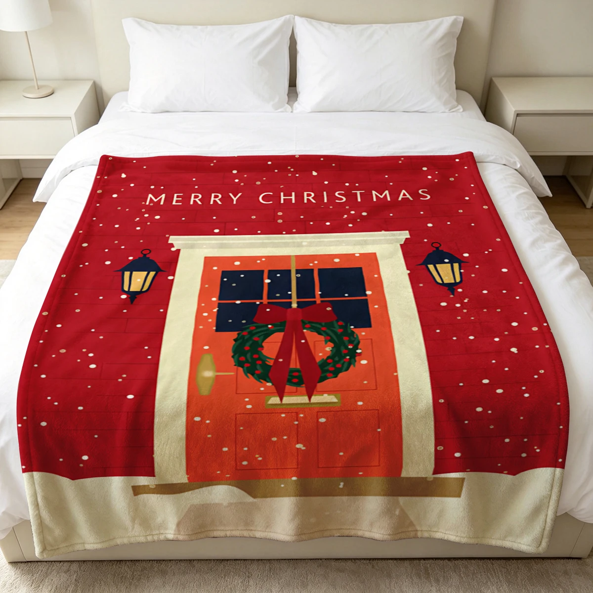 Red Door Christmas Wreath Soft Fluffy Flannel Blanket Super Cozy Lightweight Bed Blanket for Halloween Sofa Bed Christmas Decor