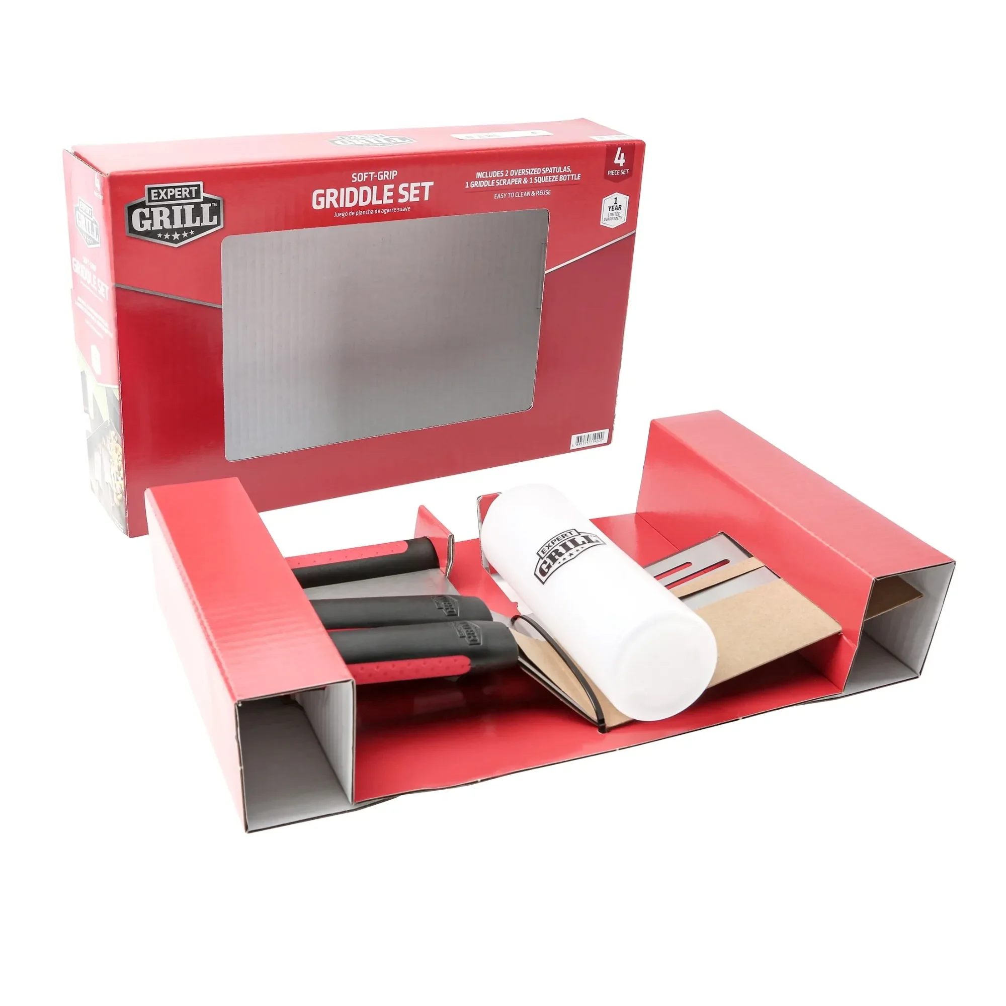 Set di attrezzi per piastra per barbecue in acciaio inossidabile Expert Grill, 4 pezzi, include spatola, raschietto, bottiglia