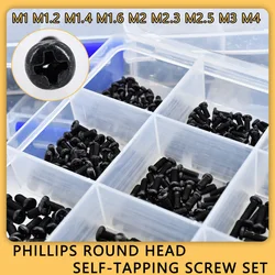 M1-M4 Phillips Round Head Self-tapping Screw Set Black Carbon Steel Plated Round Pan Head Tapping Fastener Screws Assortment Kit