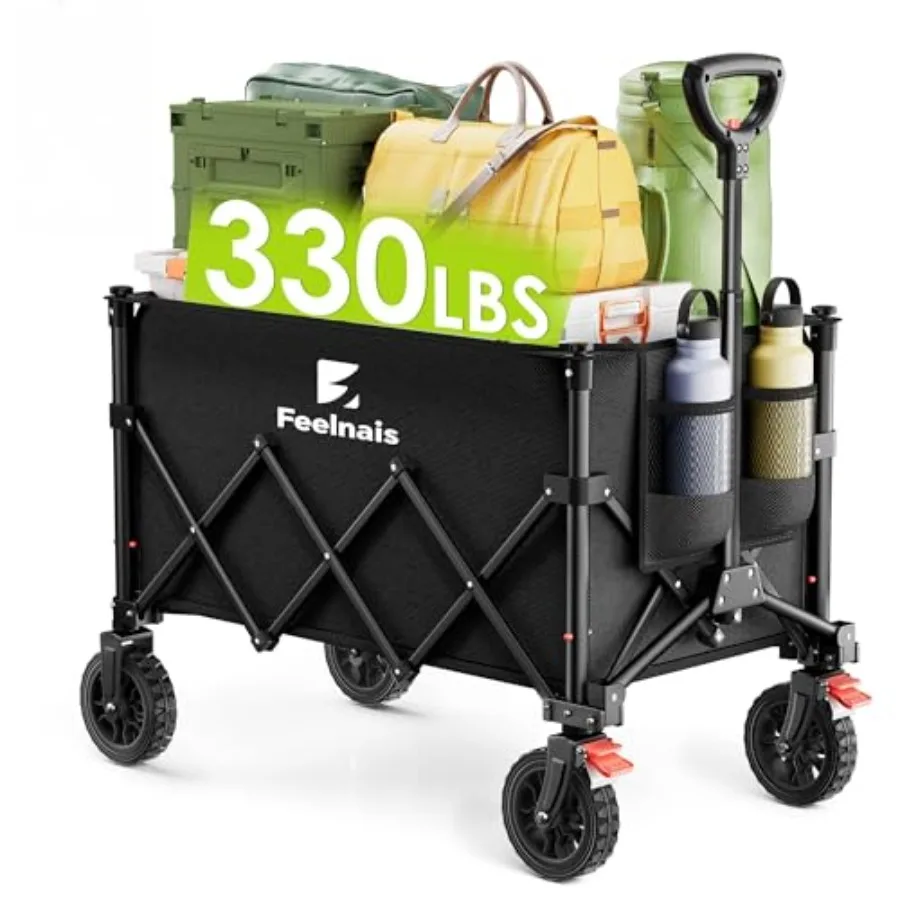 

Collapsible Wagon with Wheels Folding Utility Cart with Adjustable Handle 135L Portable Garden Grocery Shopping Camping Sports