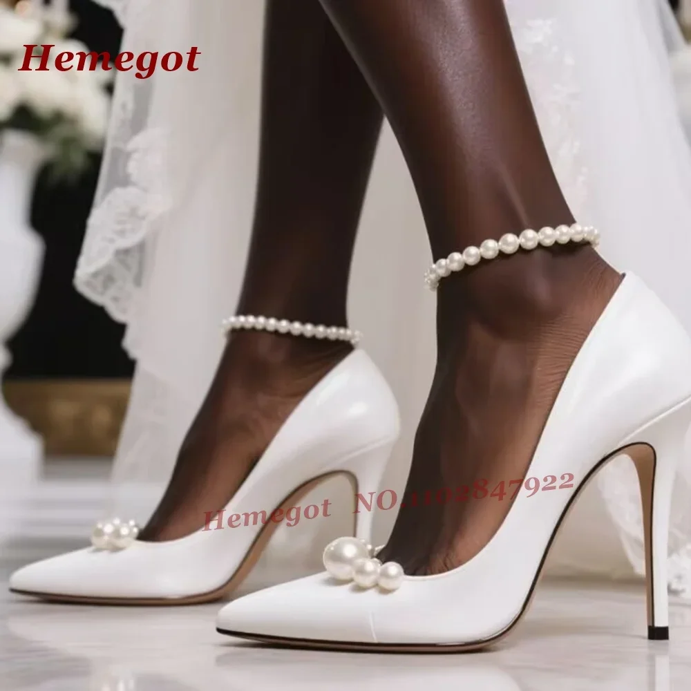 

Pearl Chain Stiletto Heels Pumps Pointy Toe Shallow White Women's Pumps Glossy Wedding Party Shoes 2025 New Summer Luxury Solid