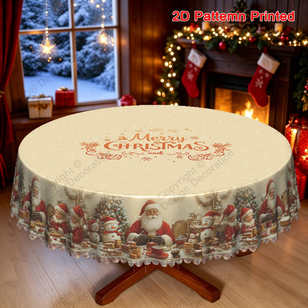 1 piece, Merry Christmas themed tablecloth, buffalo checked snowman and Santa Claus afternoon tea pattern tablecloth